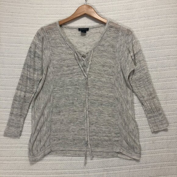 LUCKY BRAND Linen Ivory gray lightweight sweater with neck tie Boho Women size S - Picture 2 of 5